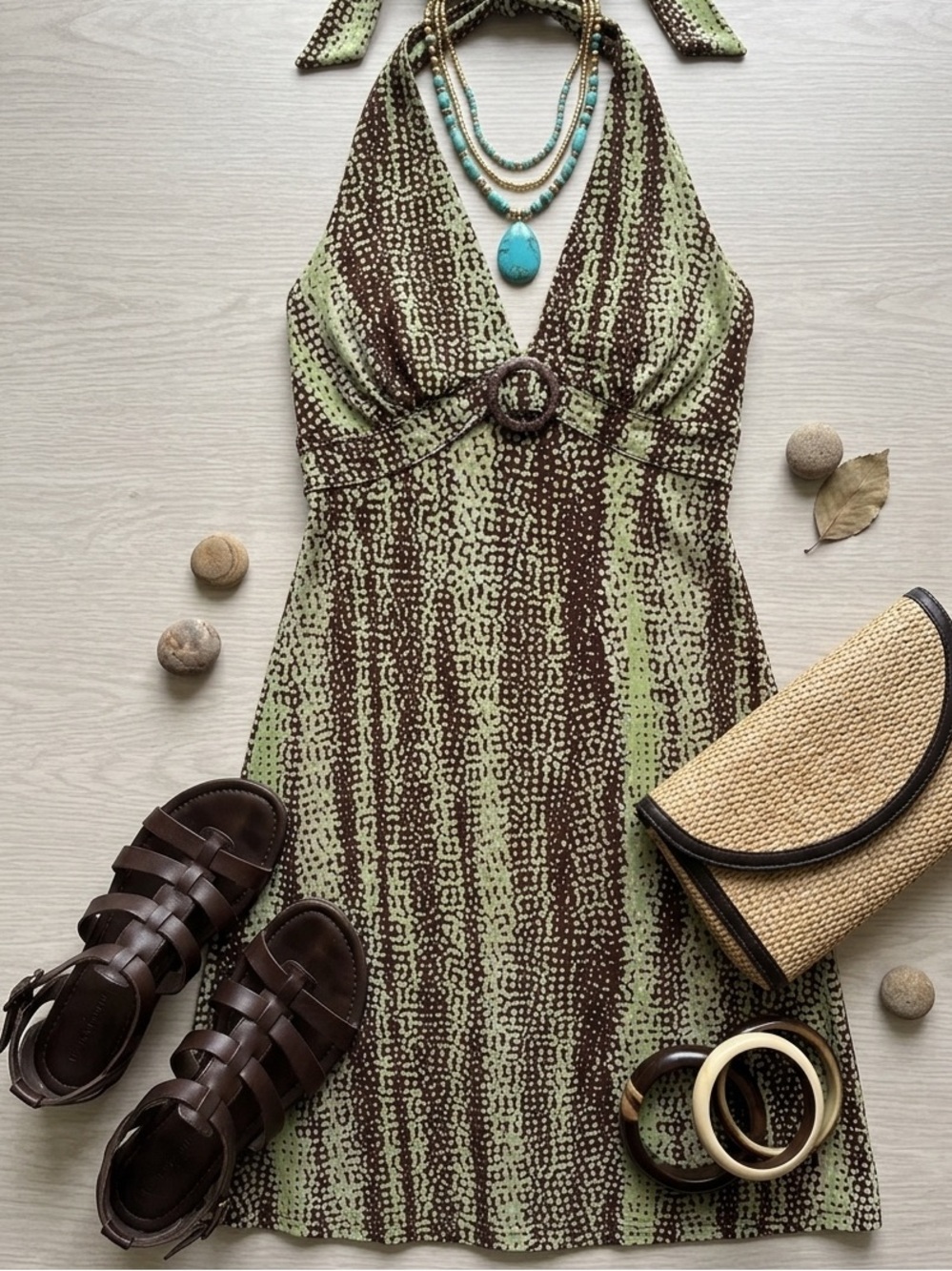 VTG Georgiou Studio Made in USA Y2K Halter Dress XS Brown Green Ring Detail Midi